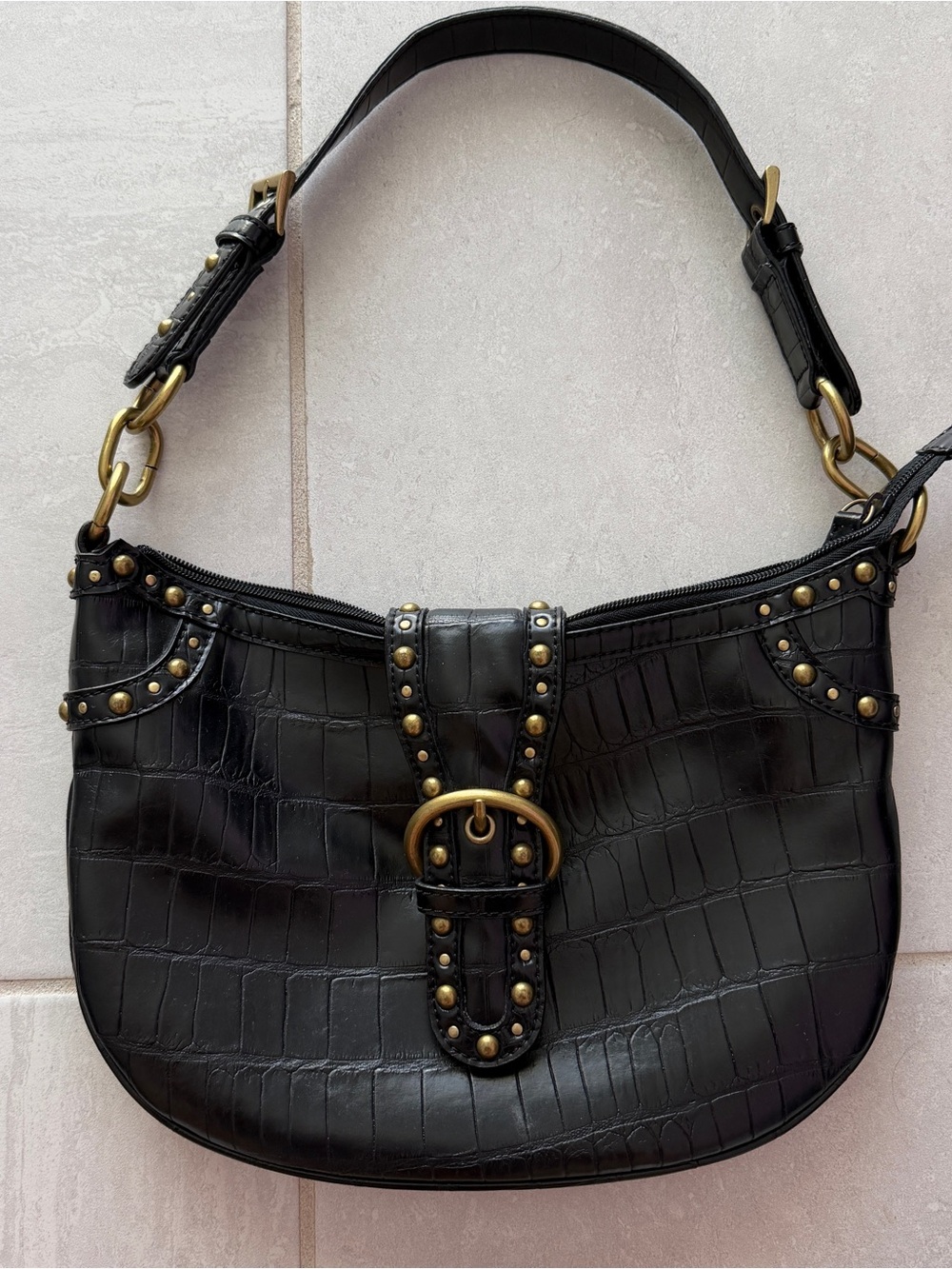 Nine West Black Croc-Embossed Studded Shoulder Bag with Gold Hardware